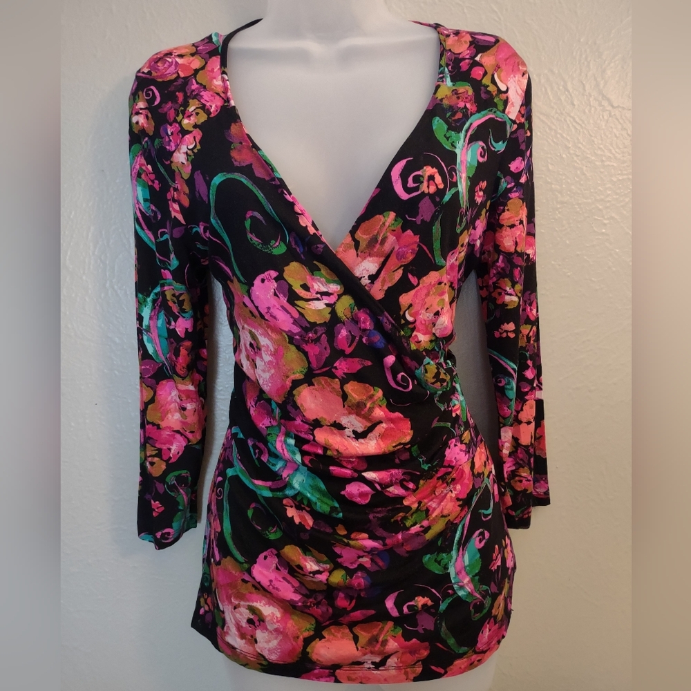 Cable & Gauge Floral Faux Wrap Top | Vibrant Pink & Teal Abstract Print | Size M - Picture 2 of 11